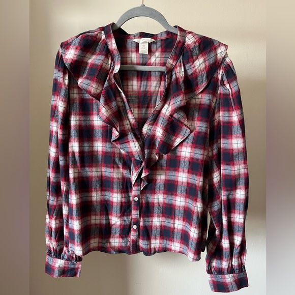H&M Plaid Ruffle Front Blouse - Picture 2 of 8